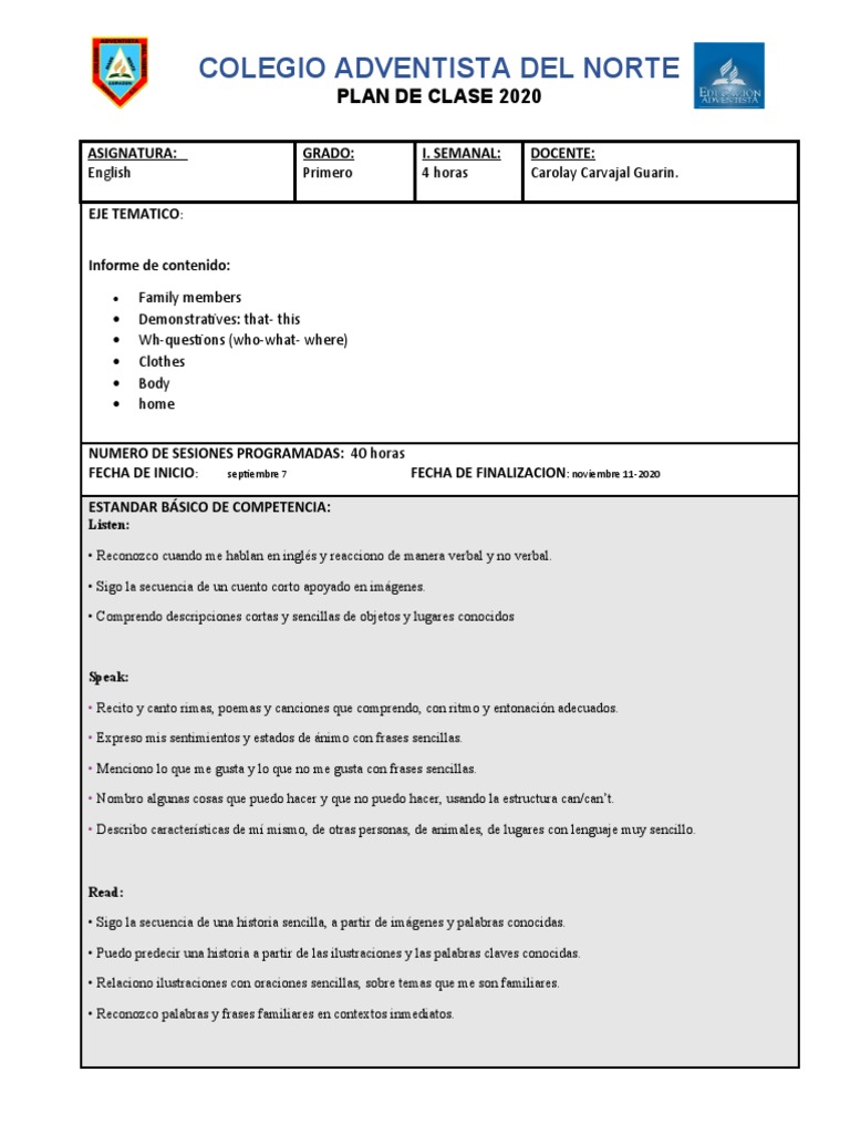 Grado Primero English Planeation 4th Periodo PDF Lingüística