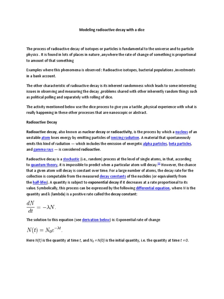 Dice Simulation of Radioactive Decay | PDF | Radioactive Decay | Atoms