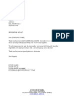 Acknowledgment of Correspondence Indicating Postal Delay