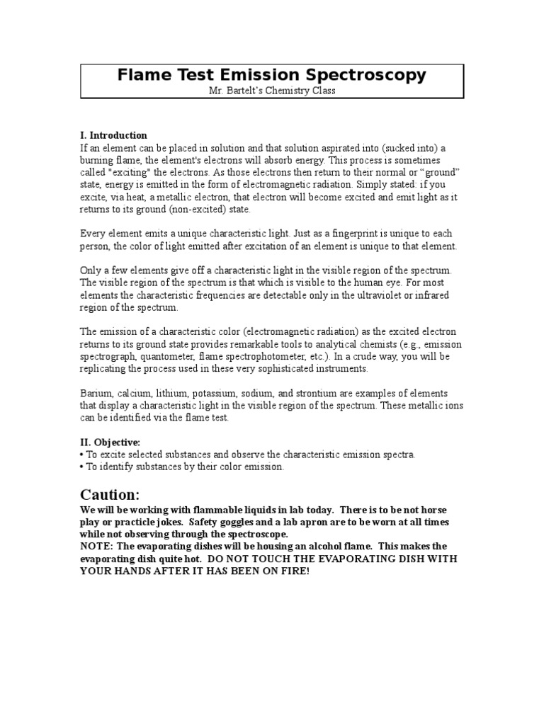 Flame Test Lab PDF Emission Spectrum Spectrum