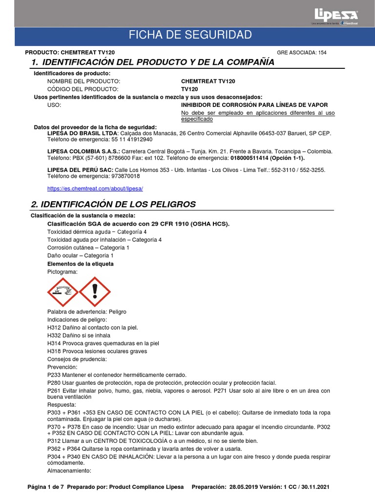 ChemTreat TV120 FDS PDF Agua Contaminación