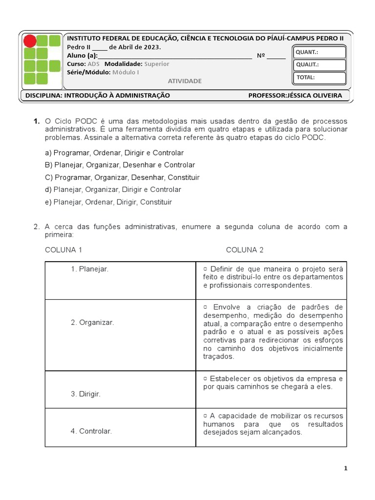 Ciclo PODC na Gestão Administrativa | PDF | Planejamento | Planejamento ...