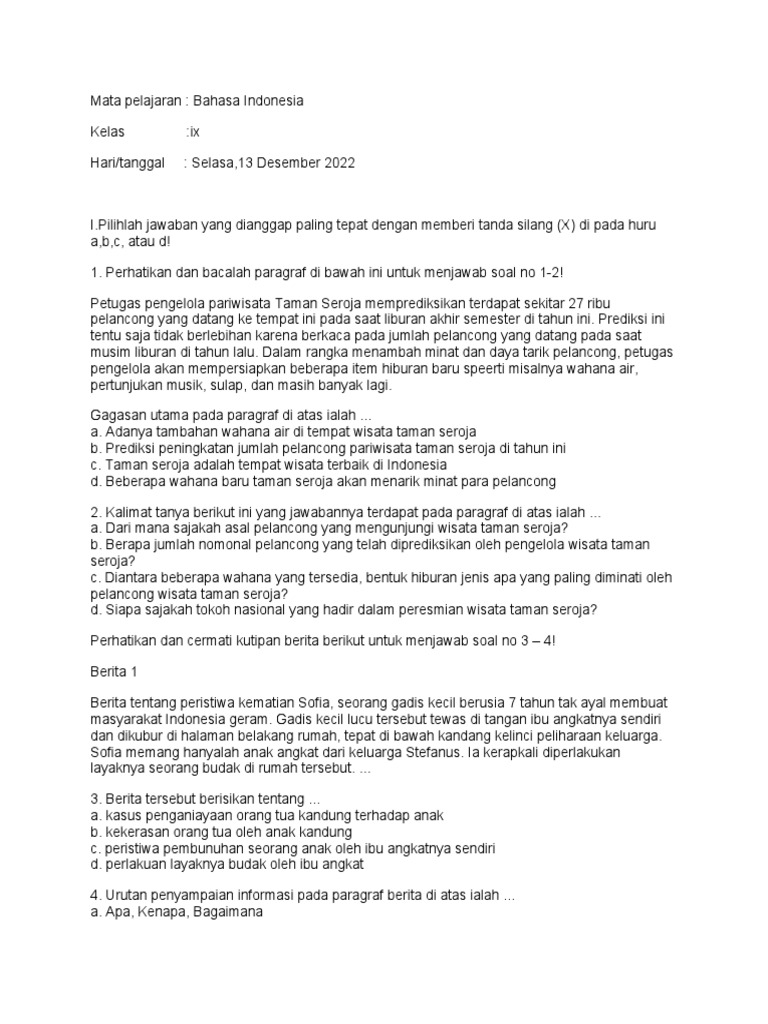 Soal Essay Bahasa Indonesia Kelas 9 Semester 1 | PDF