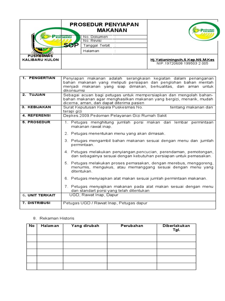 Sop Prosedur Penyiapan Makanan PKM | PDF