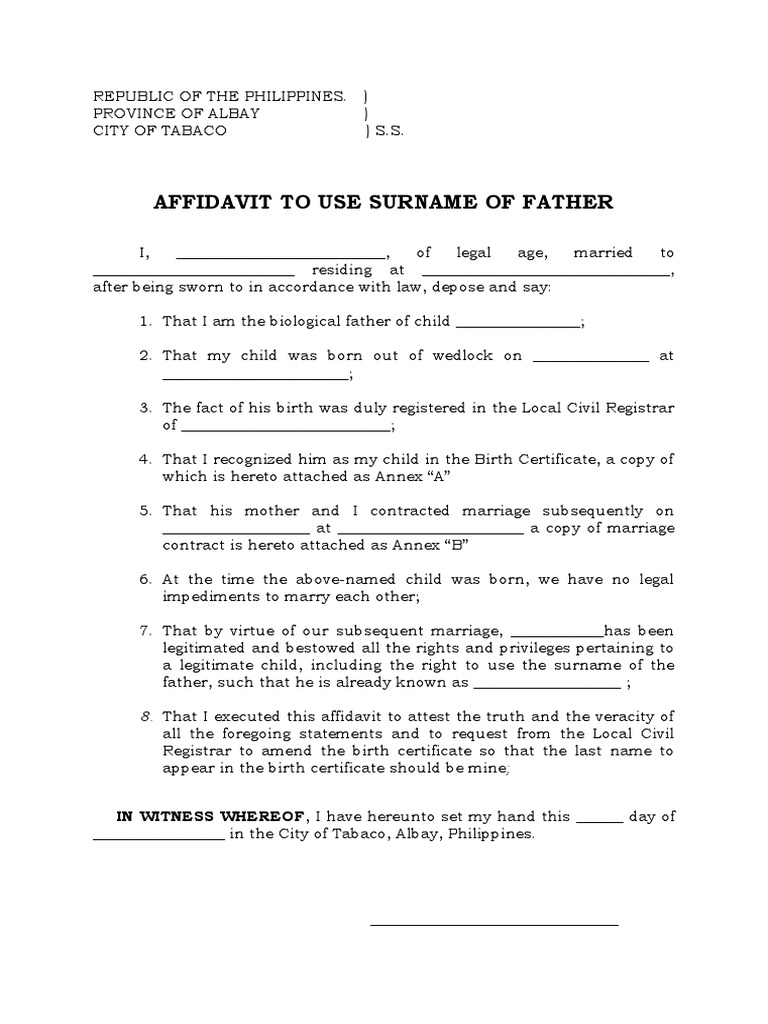 Affidavit To Use Surname of Father PDF