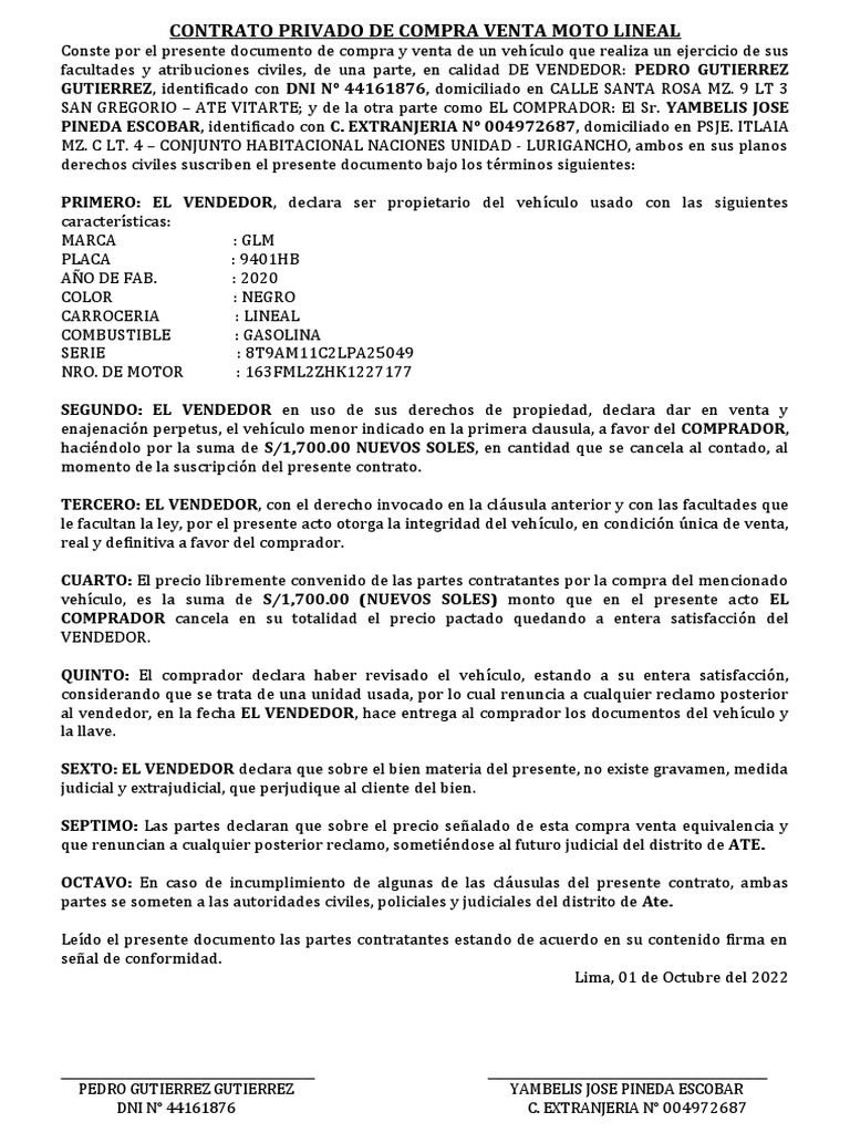Contrato Privado de Compra Venta Vehiculo Menor | PDF | Derecho privado ...
