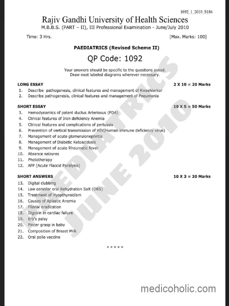 4th Year MBBS Question Papers RGUHS Paediatrics PDF