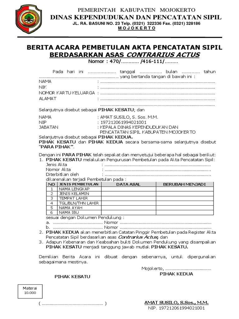 Berita Acara Perubahan Akta Kelahiran (Contrarius Actus) | PDF