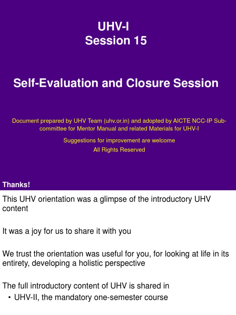 UHV Orientation: Self-Evaluation Session | PDF | Career & Growth | Self ...