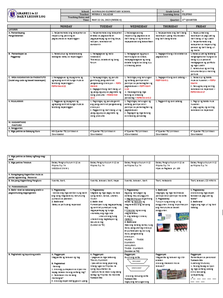 Grade 5 DLL FILIPINO 5 Q4 Week 4 | PDF