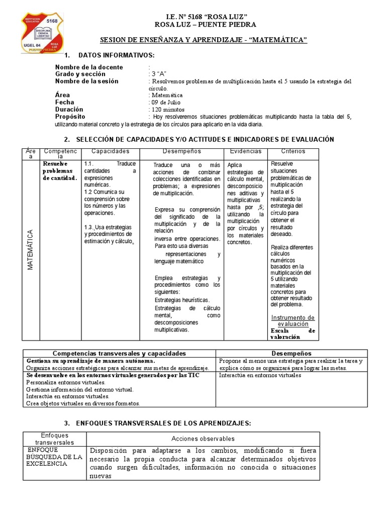 Sesiòn de Matemàtica Rosa Luz | PDF | Aprendizaje | Evaluación