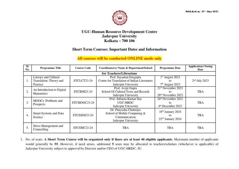 Jadavpur University Short Term Courses 2023 | PDF | Communication ...