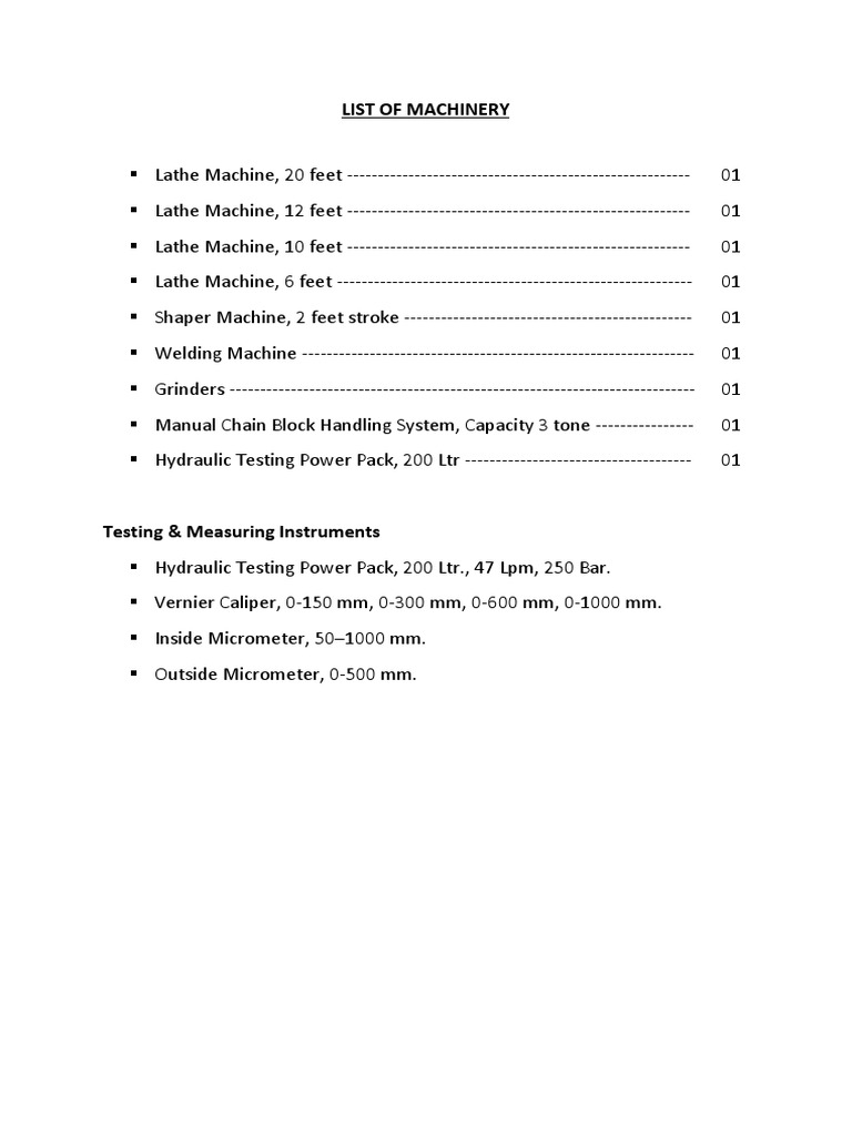List of Machinery PDF
