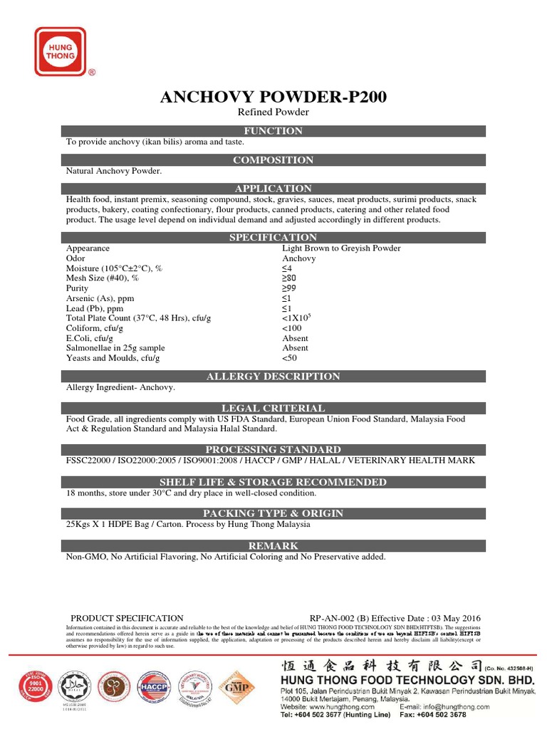 Anchovy Powder Product Specifications | PDF | Food And Drink | Food ...