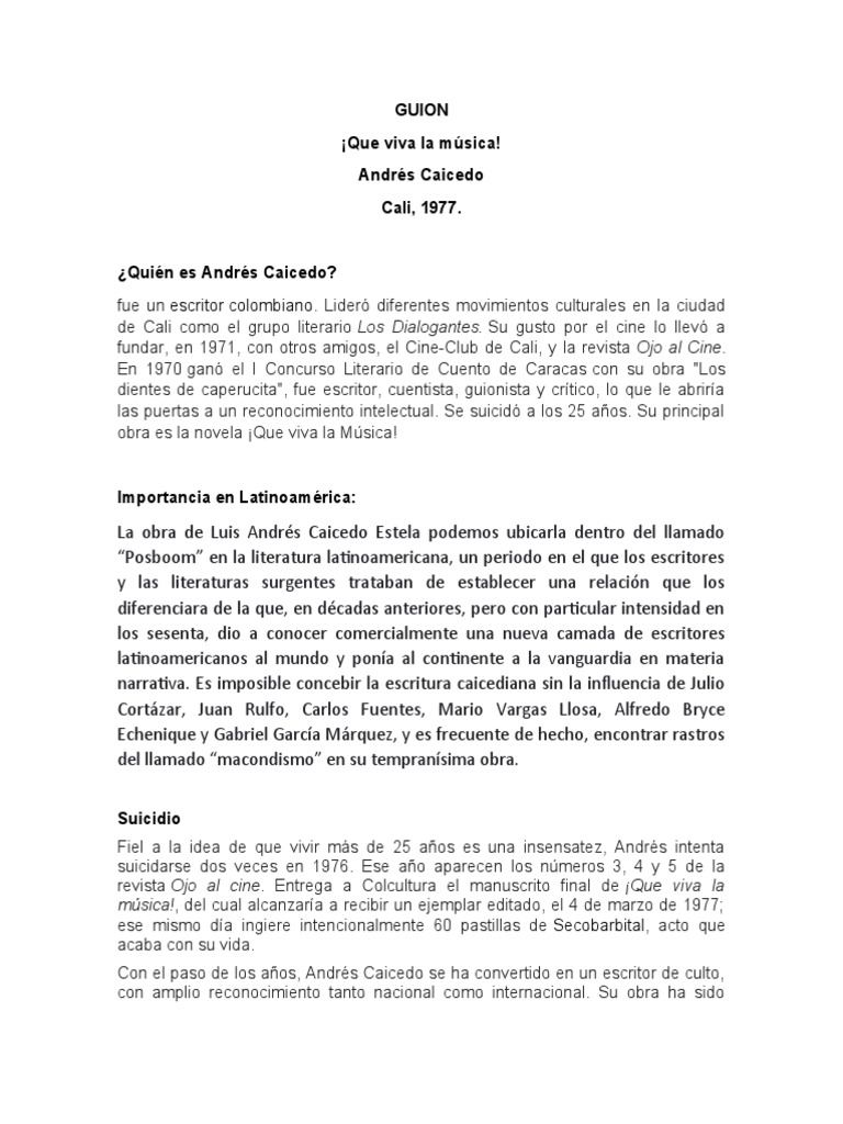 Guion sobre que viva la m sica de andres caicedo pdf