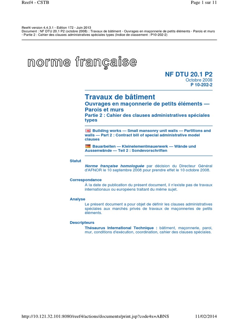 Clauses administratives maçonnerie DTU 20.1 | PDF | Code de la ...