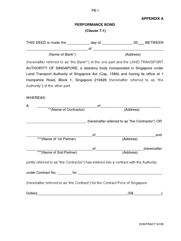 N109 App A Performance Bond (Template) PDF Power Of Attorney