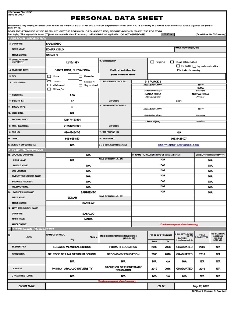 Personal Data Sheet | Download Free PDF | Government | Justice