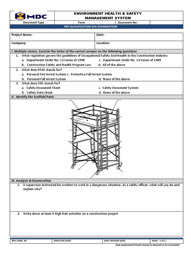 Ehs Pre Qualification Examination Pdf Occupational Safety And