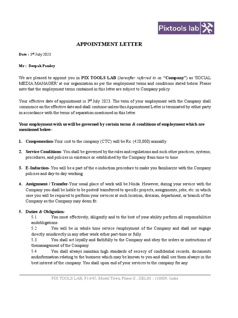 Appointment Letter for Deepak Pandey | PDF | Employment | Indemnity