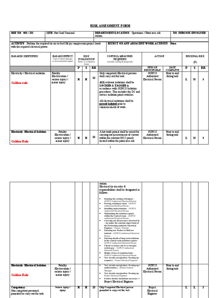 Electrical Tiein Risk Assessment PDF Personal Protective Equipment