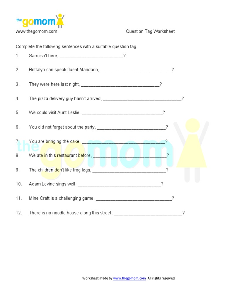 Question Tag Worksheet PDF