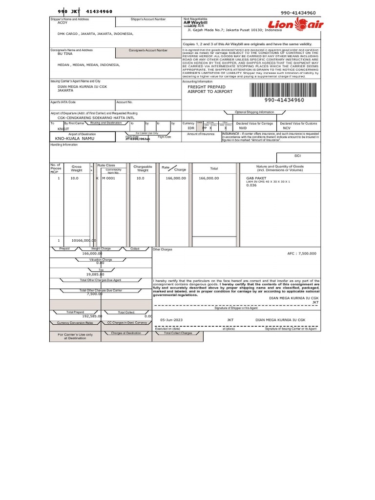 AWB Tracking for Lion Air Shipment | PDF