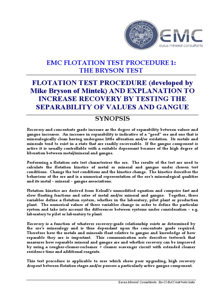 EMC Flotation Testing Procedure Overview | PDF | Ore | Enzyme Kinetics