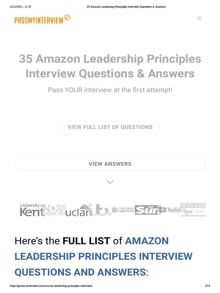 35 Amazon Leadership Principles Interview Questions & Answers | PDF