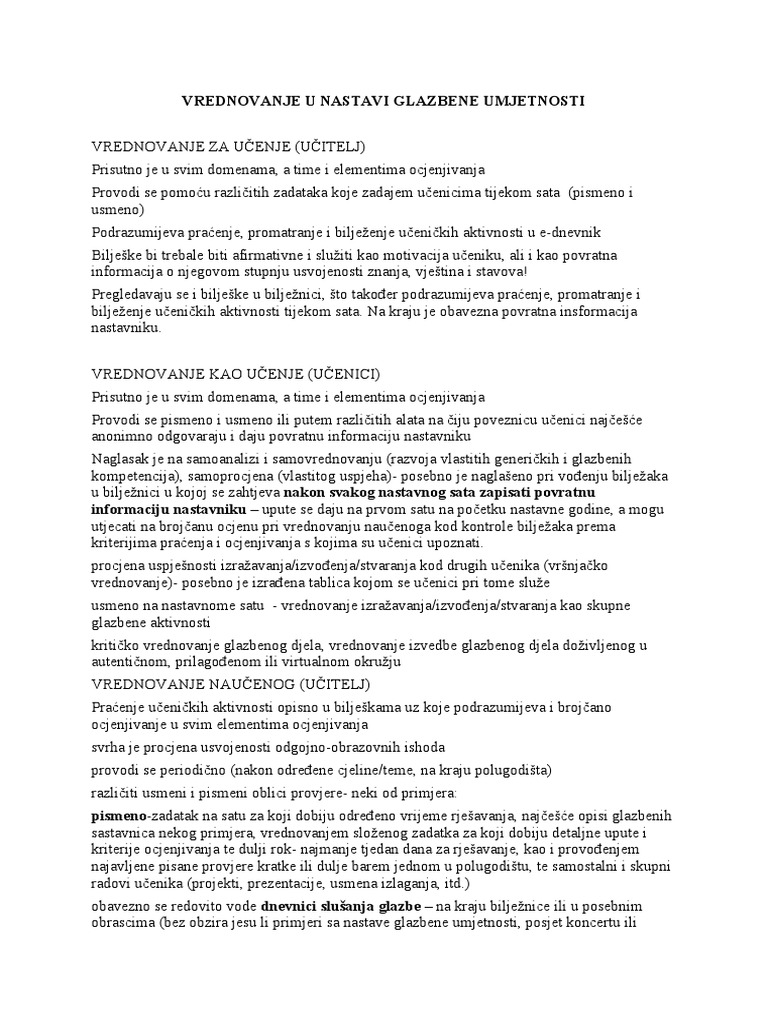 Vrednovanje U Nastavi Glazbene Umjetnosti - Sandra Milovac | PDF