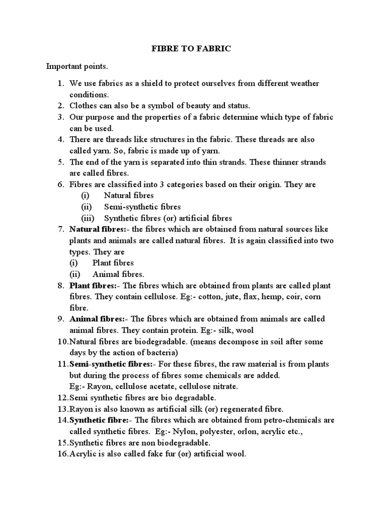 Fibre To Fabric Class 6 Notes PDF Fibers Yarn