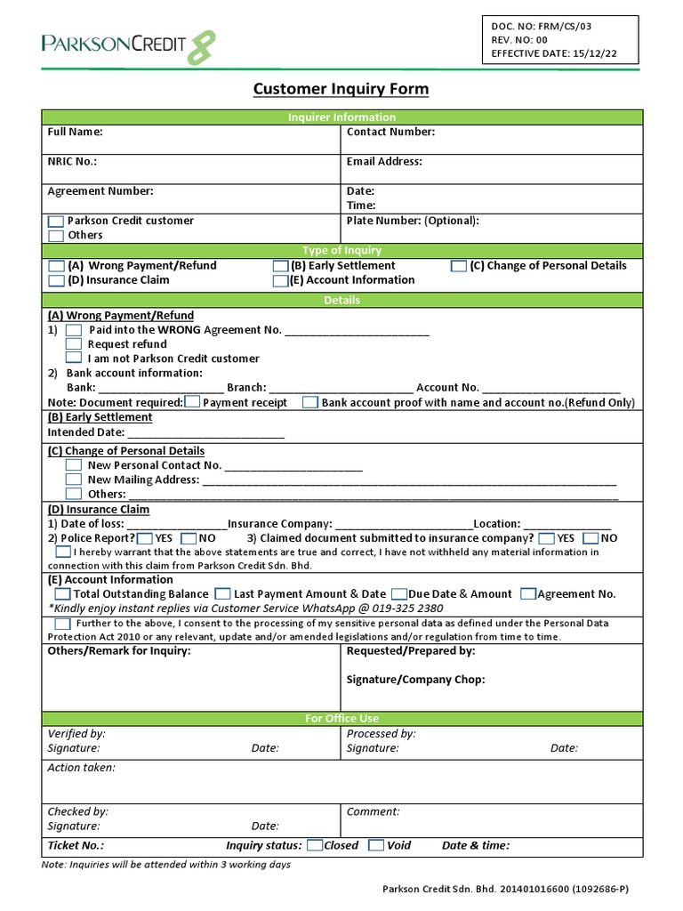 FRM - CS - 03 - Customer Inquiry Form REV00 | PDF | Banks | Business