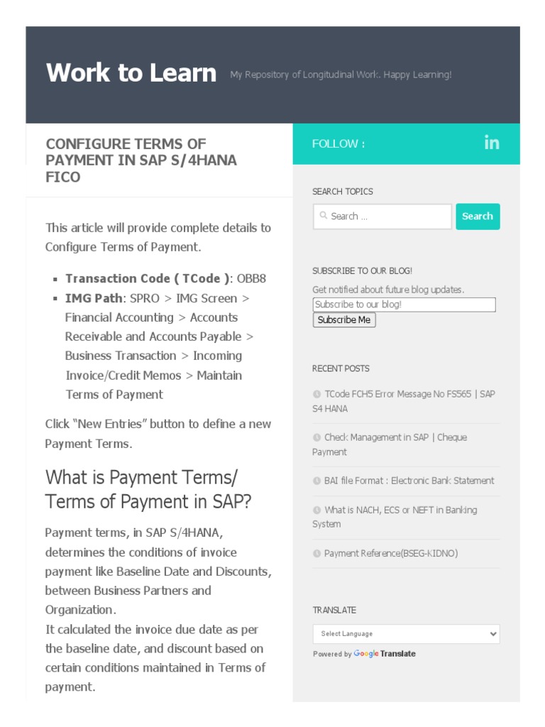 Configure Terms of Payment in SAP S_4HANA FICO - Work to Learn | PDF ...