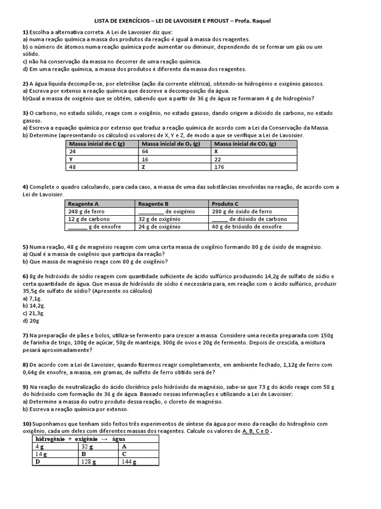 Exerc cios Lavoisier PDF Rea es Qu micas Qu mica