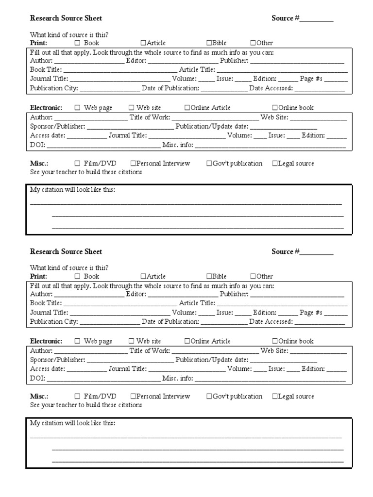 Research Source Sheet Template | PDF | Books | Citation