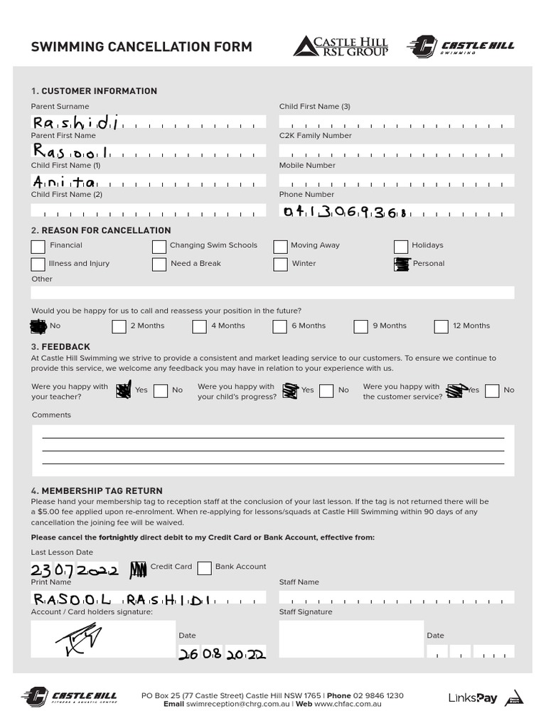 Castle Hill Swimming Cancellation Form PDF