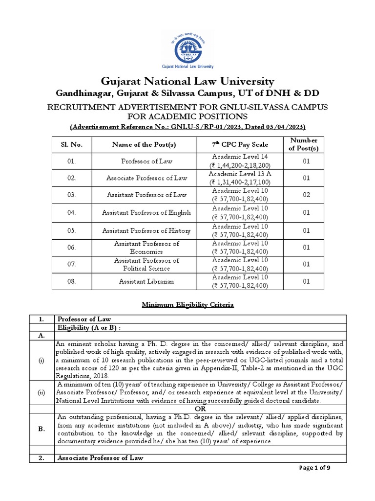 GNLU S RP 01 2023 Eligibility Criteria For Academic Positions PDF