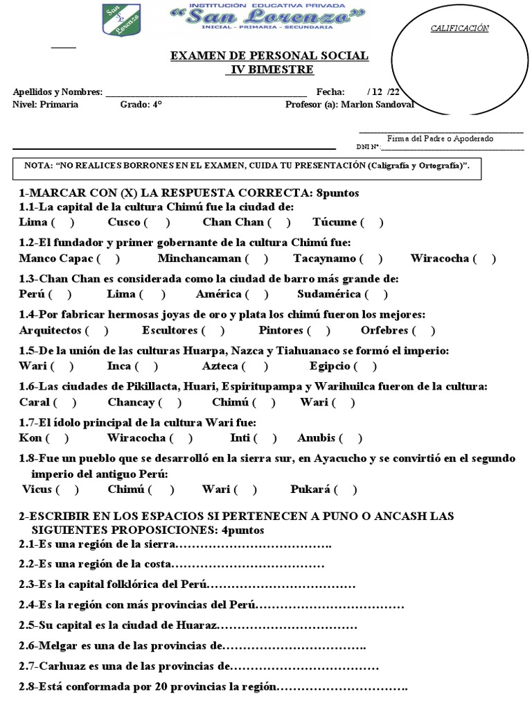 Exámenes Iv Bimestre de Personal Social y Ciencias Sociales Del | PDF ...