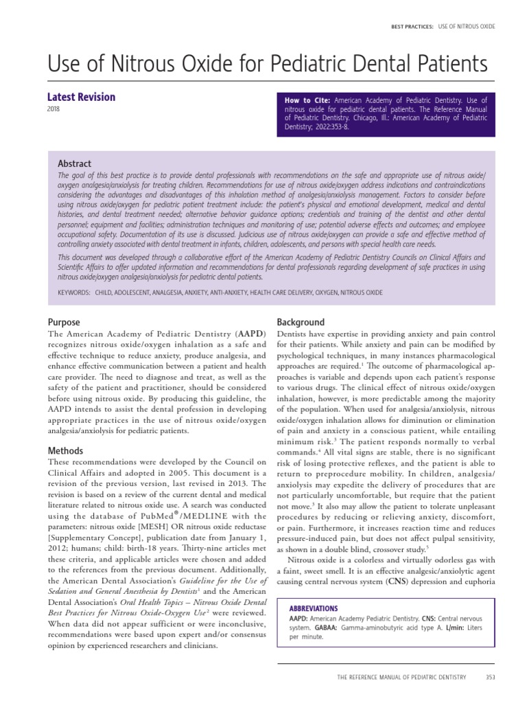 Use of Nitrous Oxide For Pediatric Dental Patients PDF Nitrous