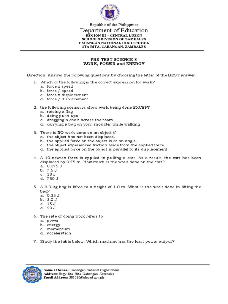 Science 8 Pre-Test: Work, Power, Energy | PDF | Force | Watt