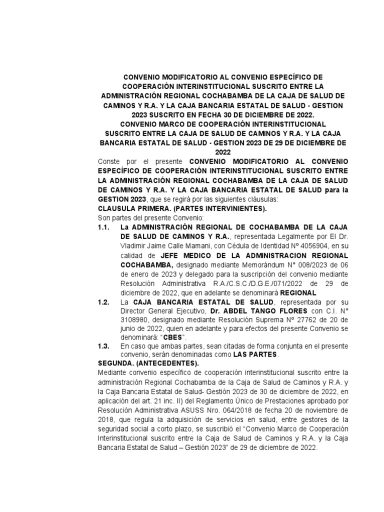 Modificación de Convenio Salud Cochabamba | PDF | Gobierno
