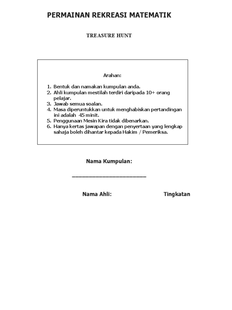 Contoh Treasure Hunt Matematik 2008 | PDF