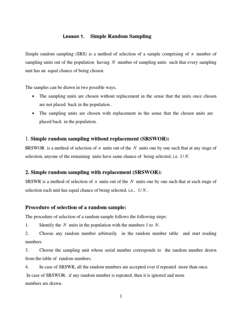 Lesson 1. Simple Random Sampling | PDF | Estimator | Coefficient Of ...