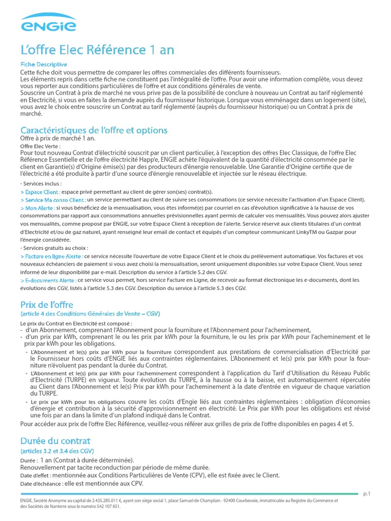 Offre Elec Référence 1 an d'ENGIE PDF Fournisseur d'électricité — free download