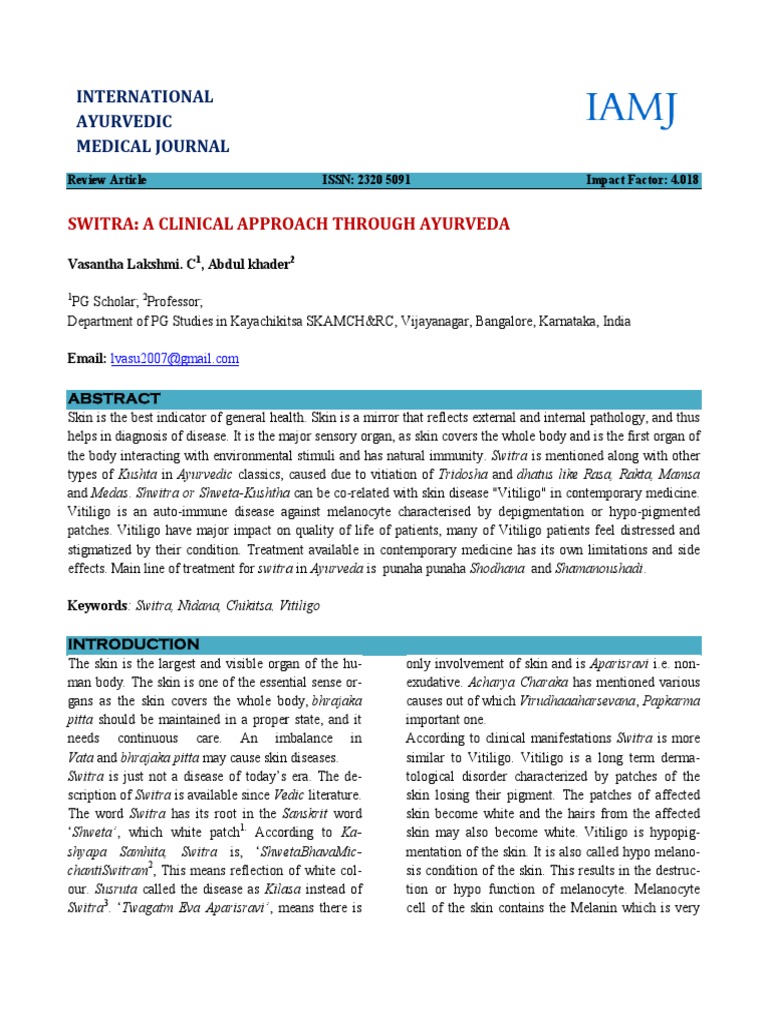 International Ayurvedic Medical Journal Switra A Clinical Approach