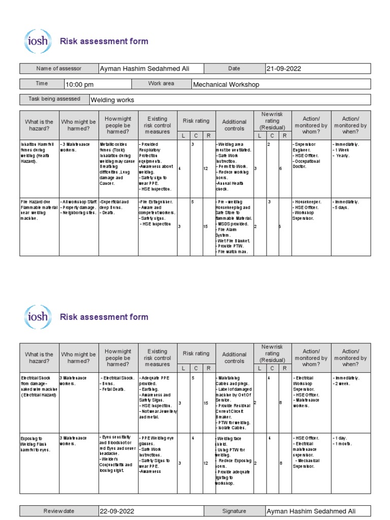 Welding Risk Assessment Form | PDF | Personal Protective Equipment ...