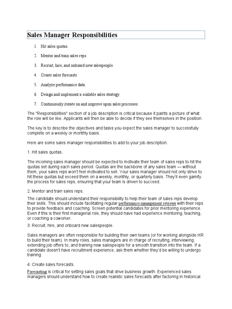 Sales Manager Duties and Responsibilities | PDF | Sales | Mentorship