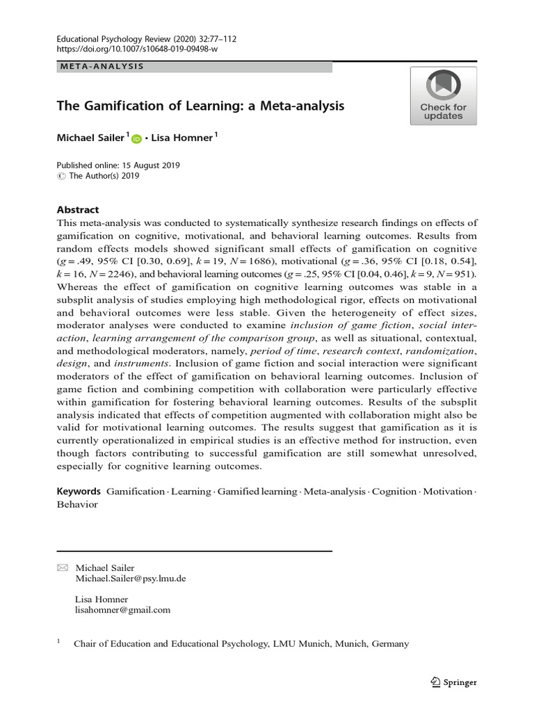 Gamification of Learning - MetaAnalysis | PDF | Effect Size | Learning