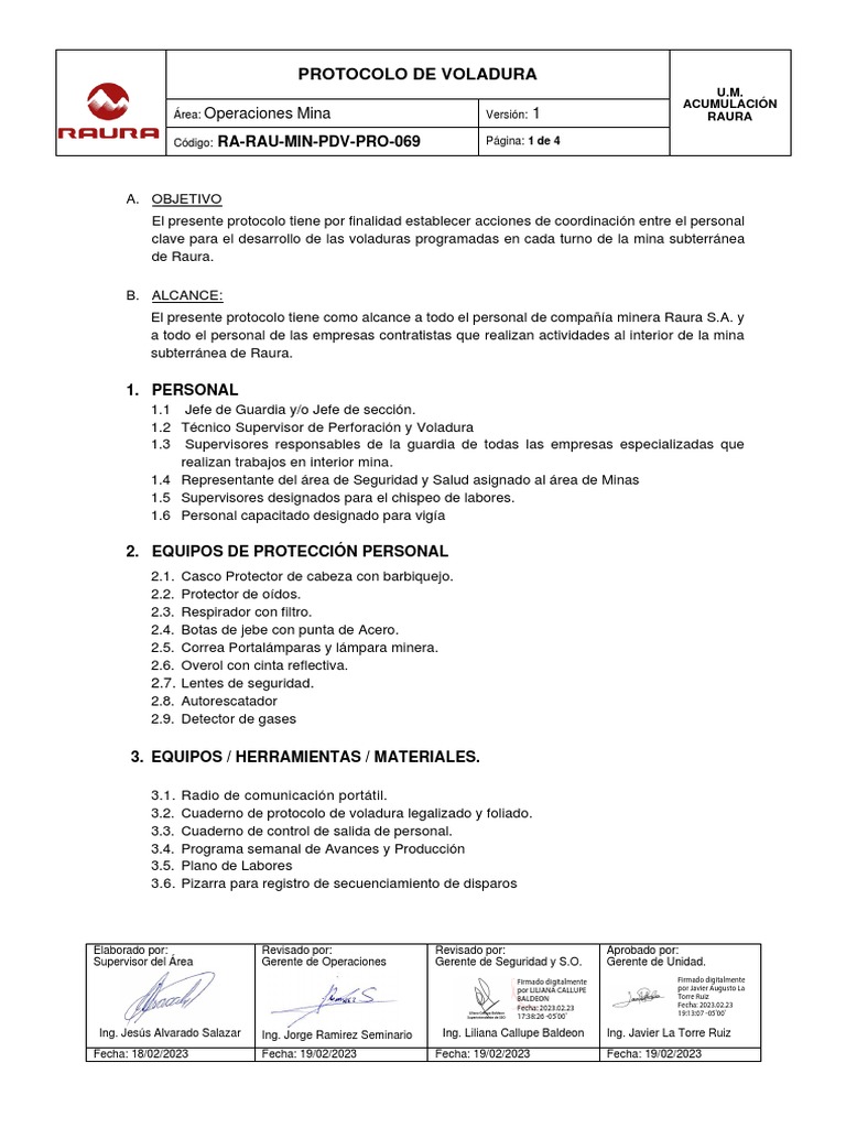 Protocolo de Voladura en Mina Raura | PDF