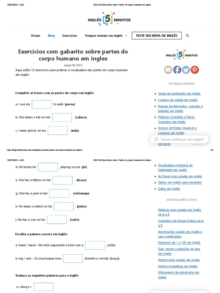 00 - 01 - 52 Exercícios Sobre Partes Do Corpo Humano em Ingles | PDF ...